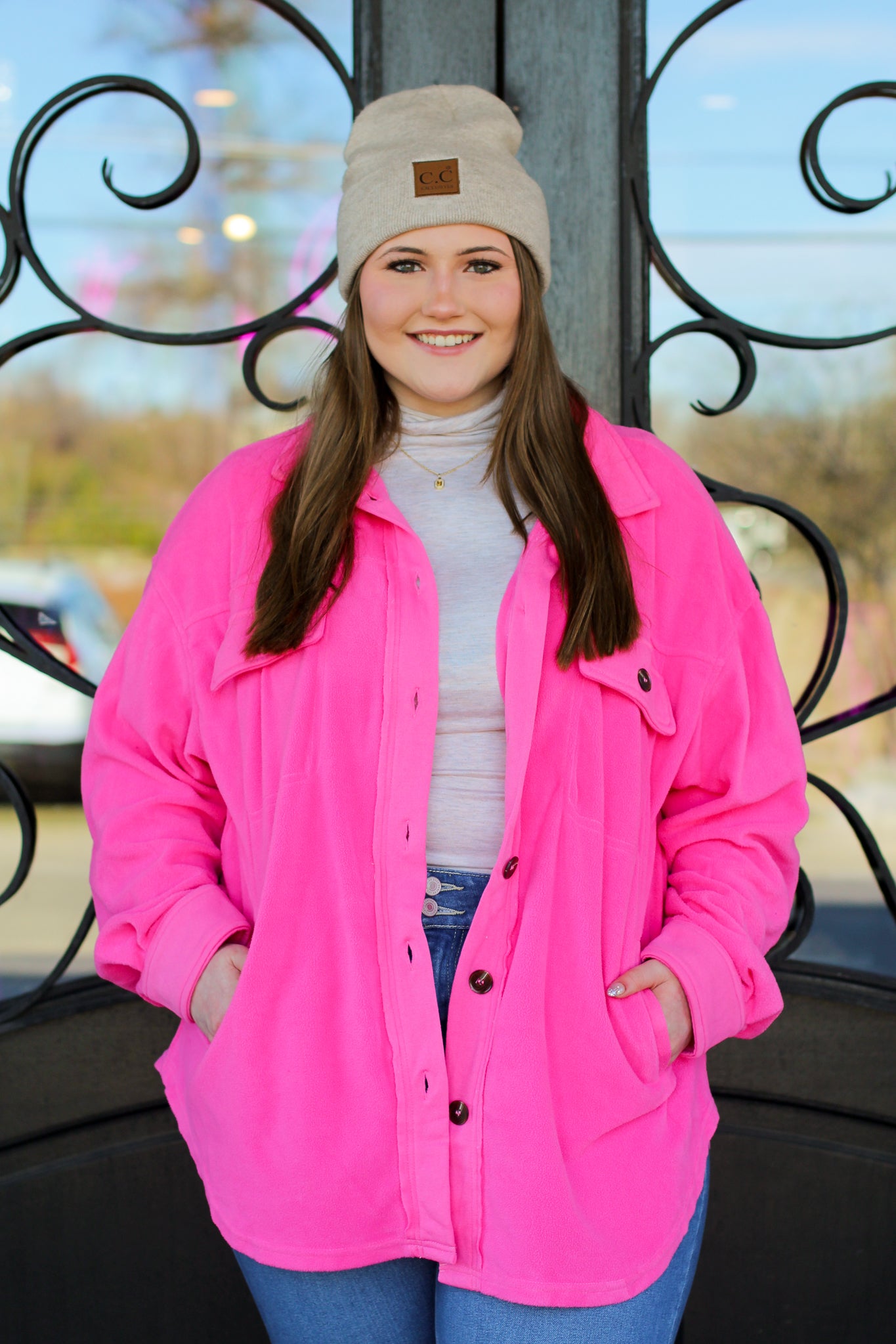 Neon Pink Fleece Beanie