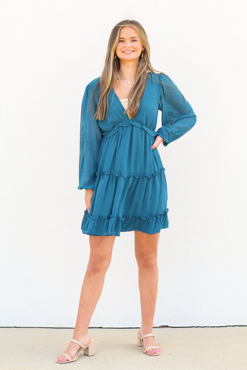 Romantic Ruffle Dress-Teal
