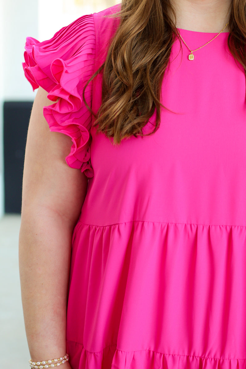 Adorable Accordion Sleeve Dress-Hot Pink