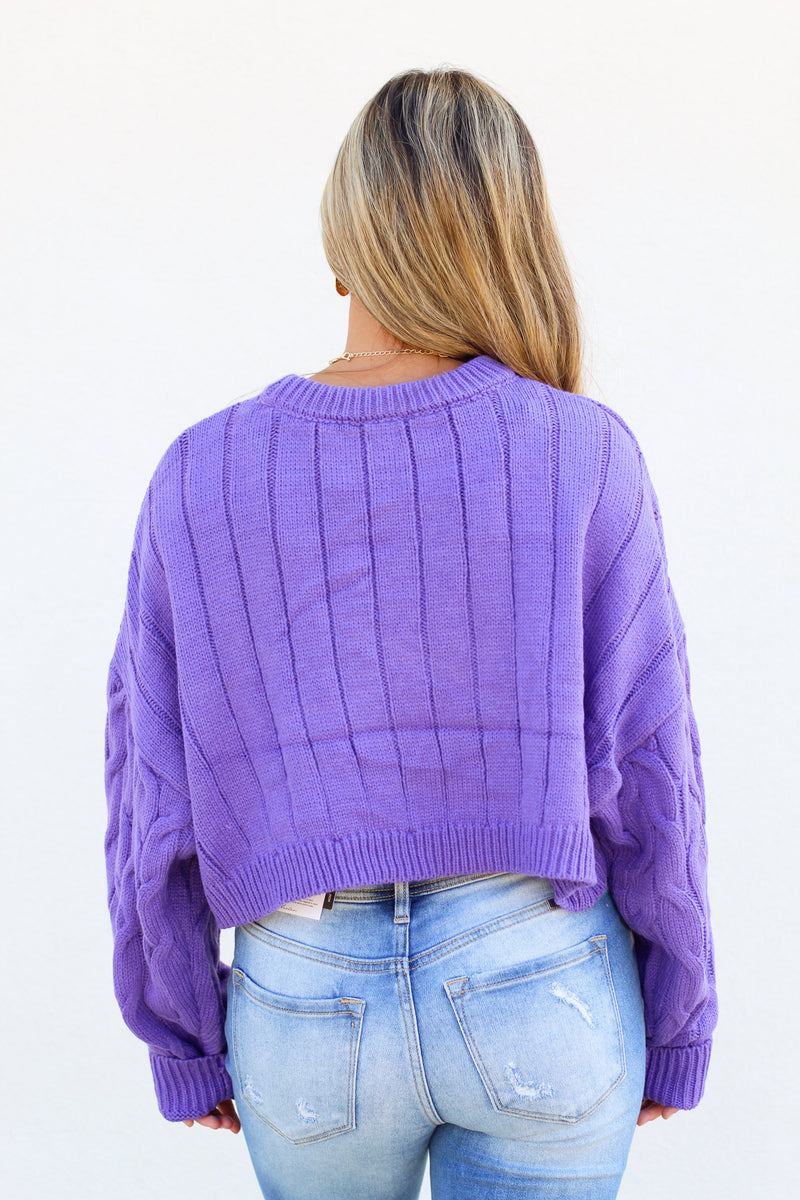 Cable Knit Cropped Sweater-Purple
