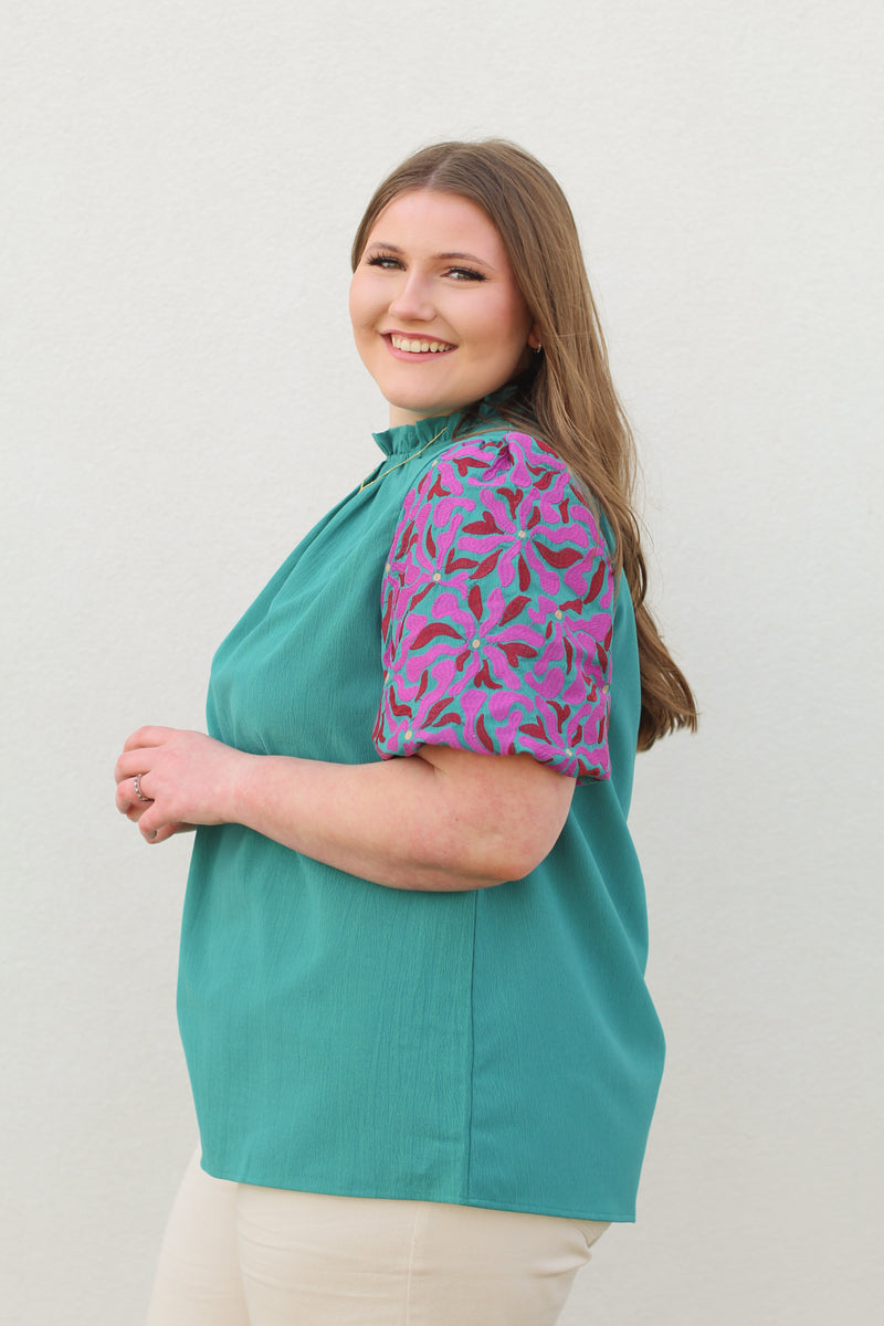 Embroidered Sleeve Top-Teal