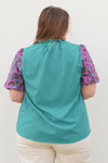 Embroidered Sleeve Top-Teal