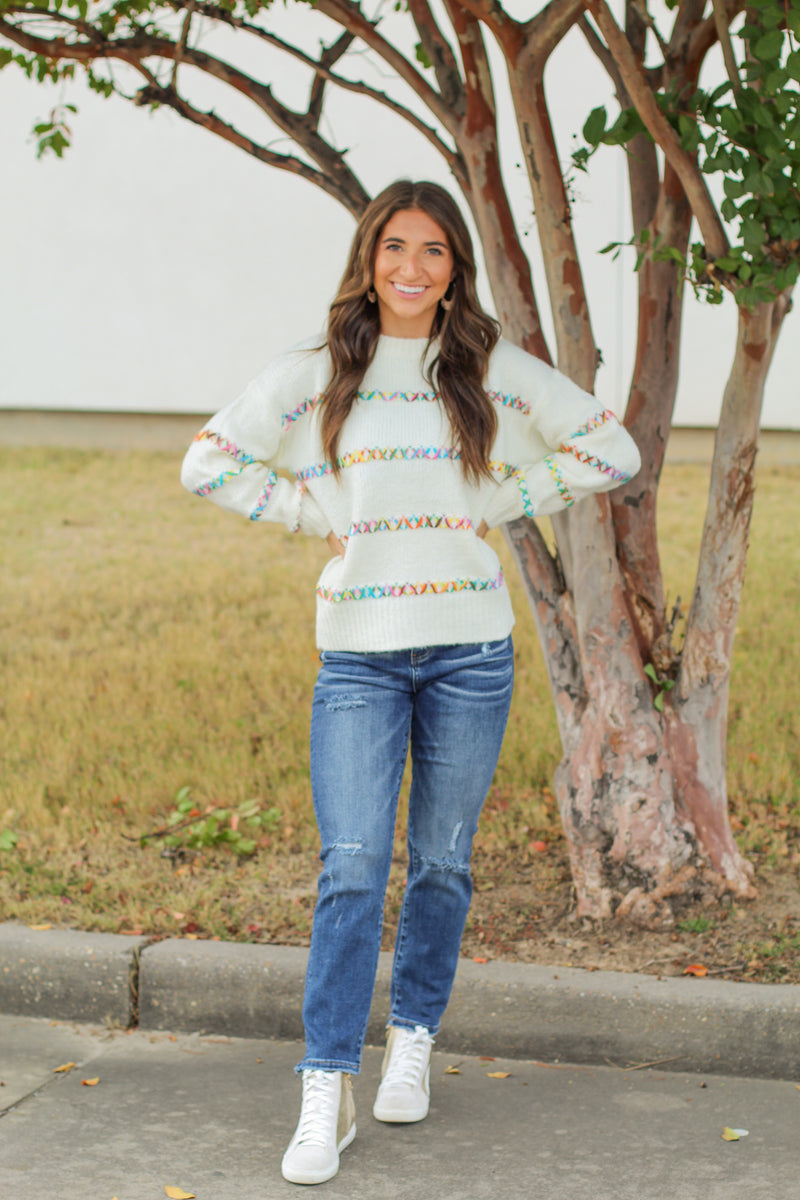 Colorful Stitch Sweater-White