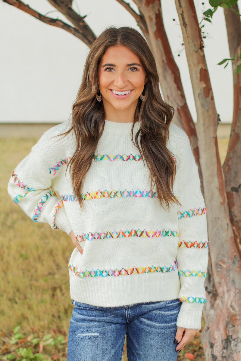 Colorful Stitch Sweater-White