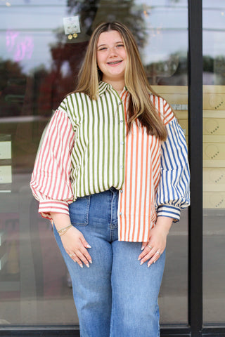 striped button up top
