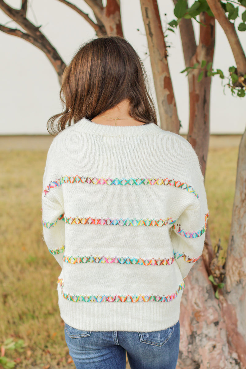 Colorful Stitch Sweater-White