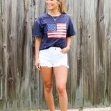 Sequin Flag Tee-Navy