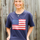 Sequin Flag Tee-Navy