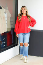 Basic Bubble Sleeve Top-Red
