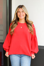 Basic Bubble Sleeve Top-Red