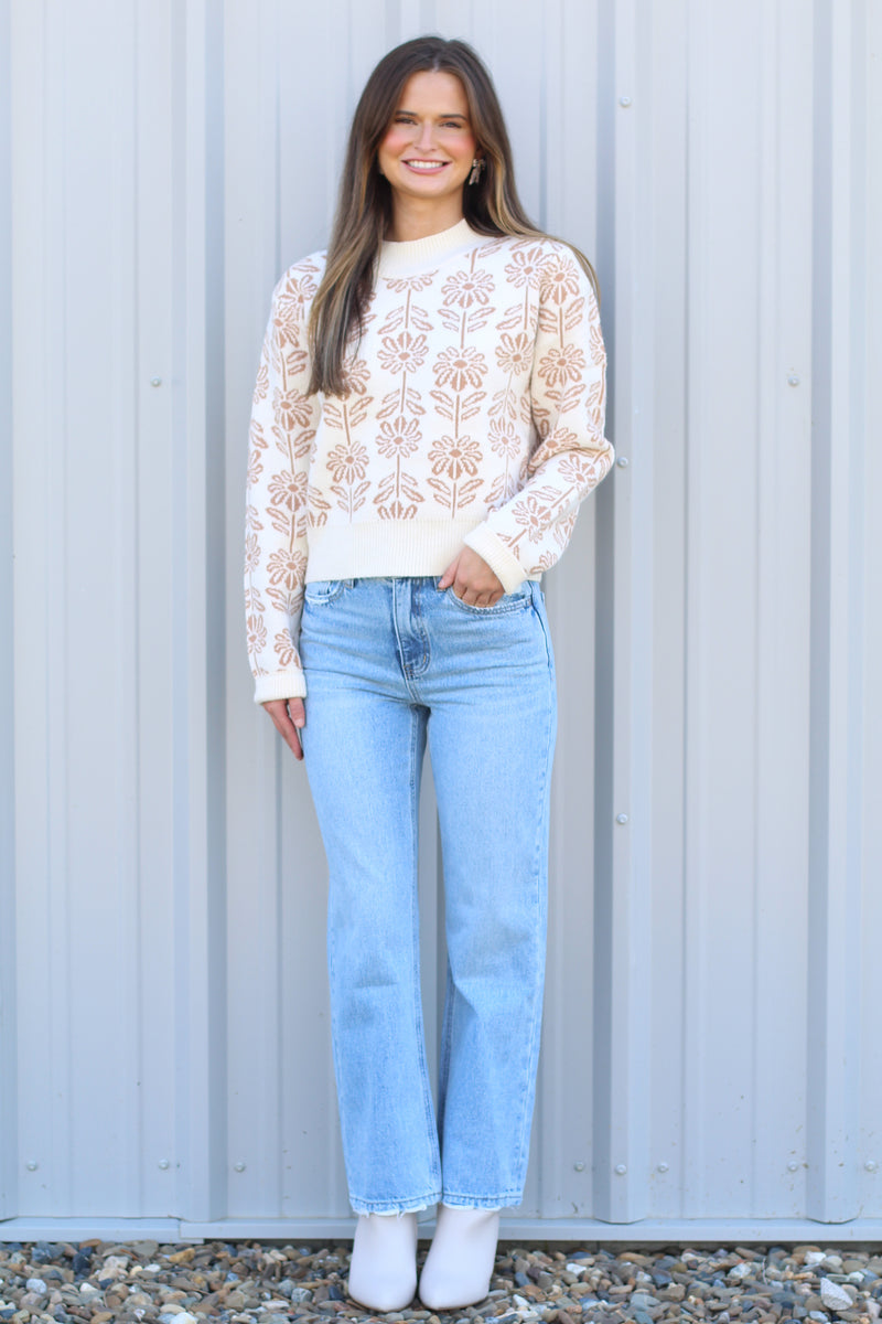 Retro Flower Sweater-Taupe