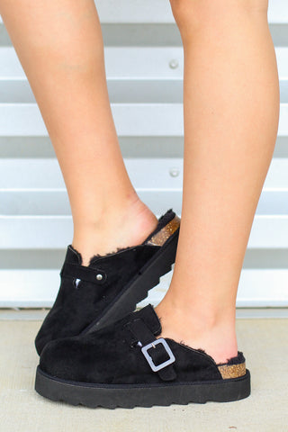 black fur lined clogs