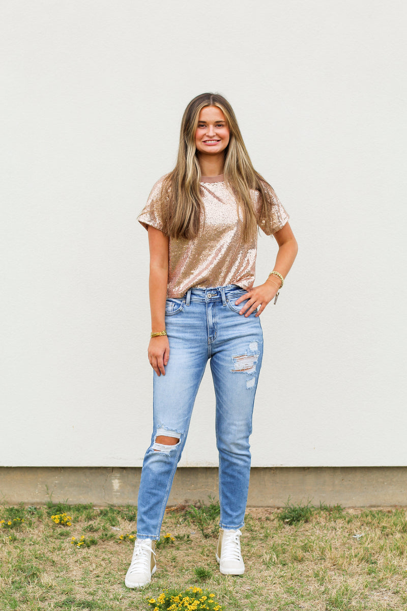 Sequin Crop Tee-Gold