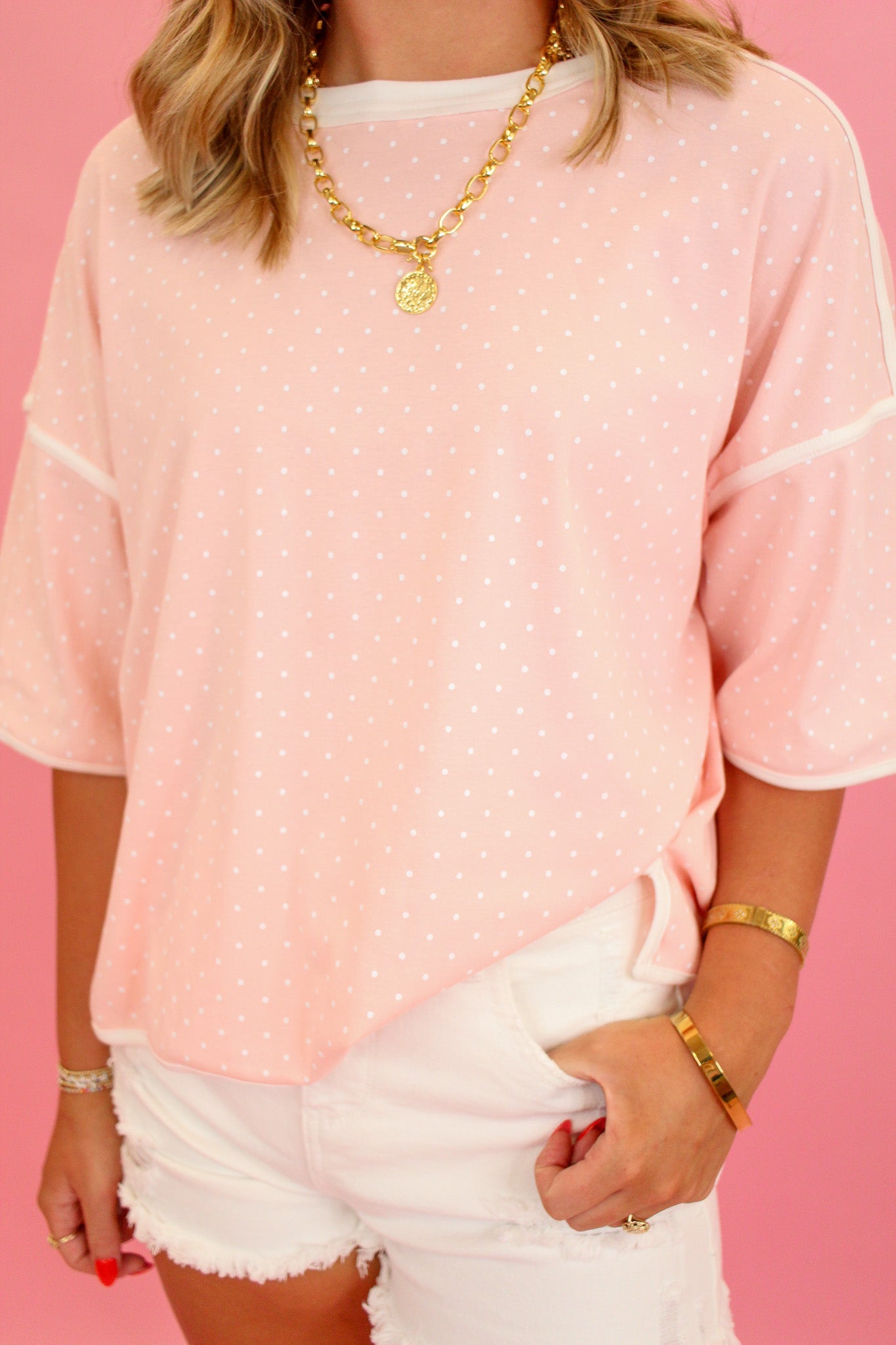 Contrast Trim Polka Dot Top