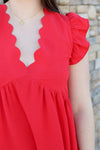 Sweet Scallop Trim Dress-Red