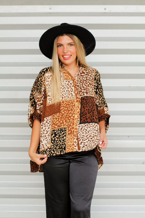 Leopard Panel Shirt-Cream/Brown