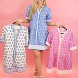 Contrast Print Button Dress