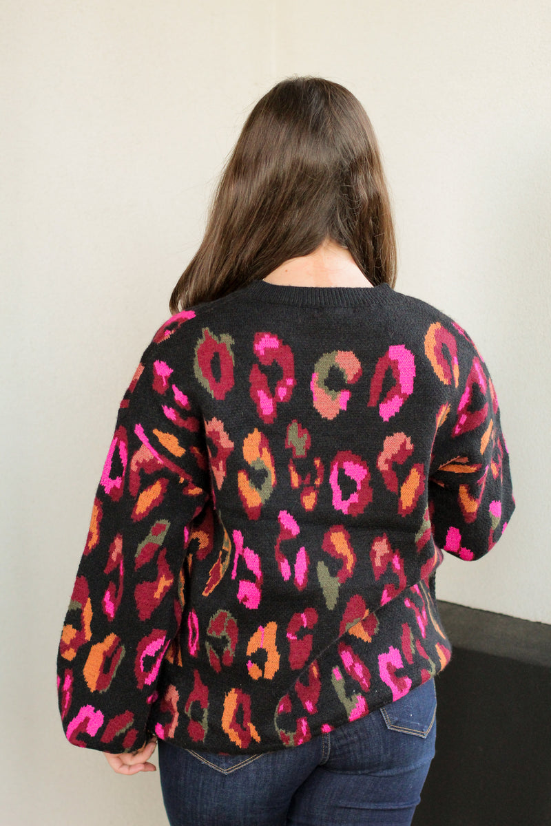 Colorful Leopard Print Sweater-Black