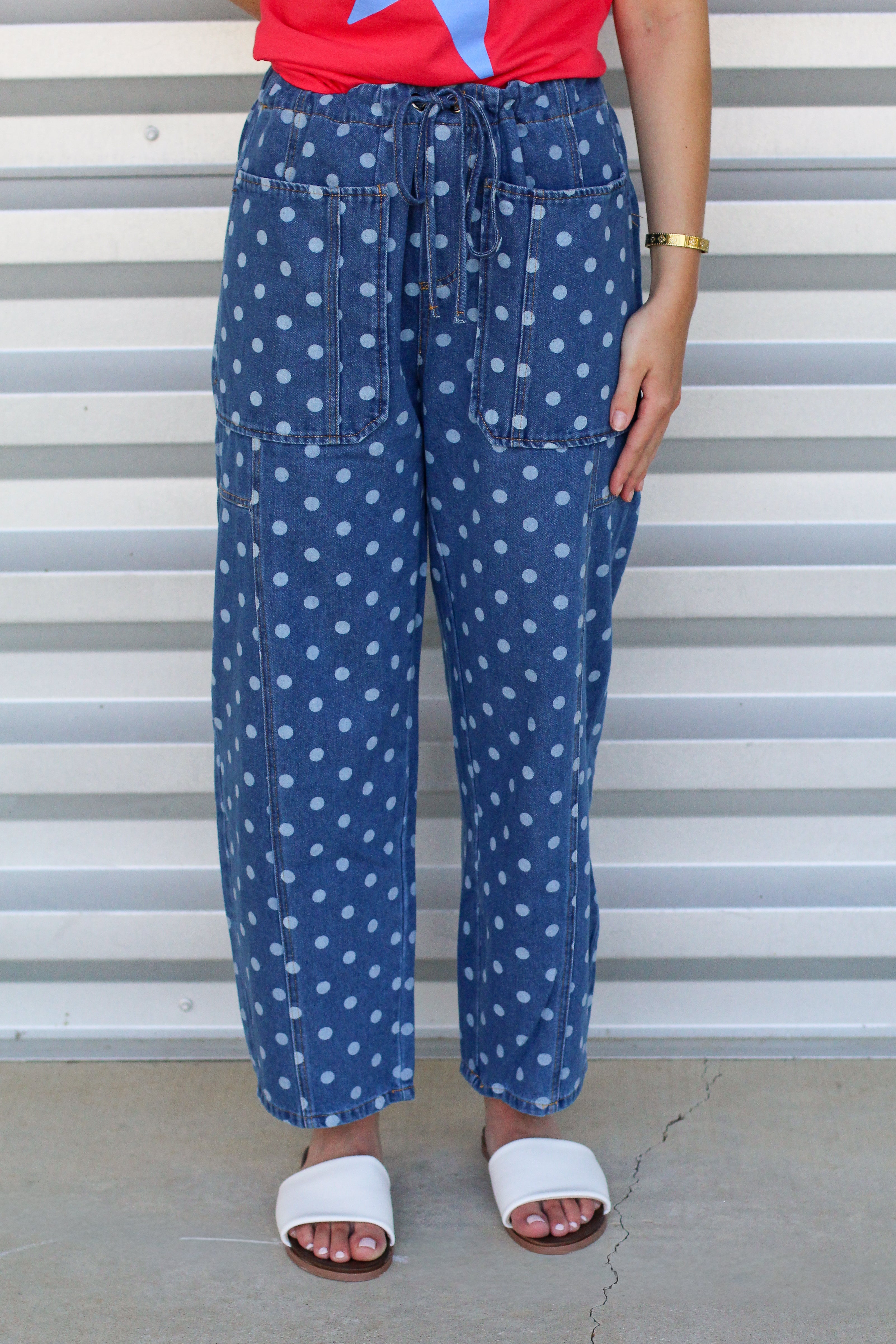 Monochromatic Polka Dot Drawstring Jeans