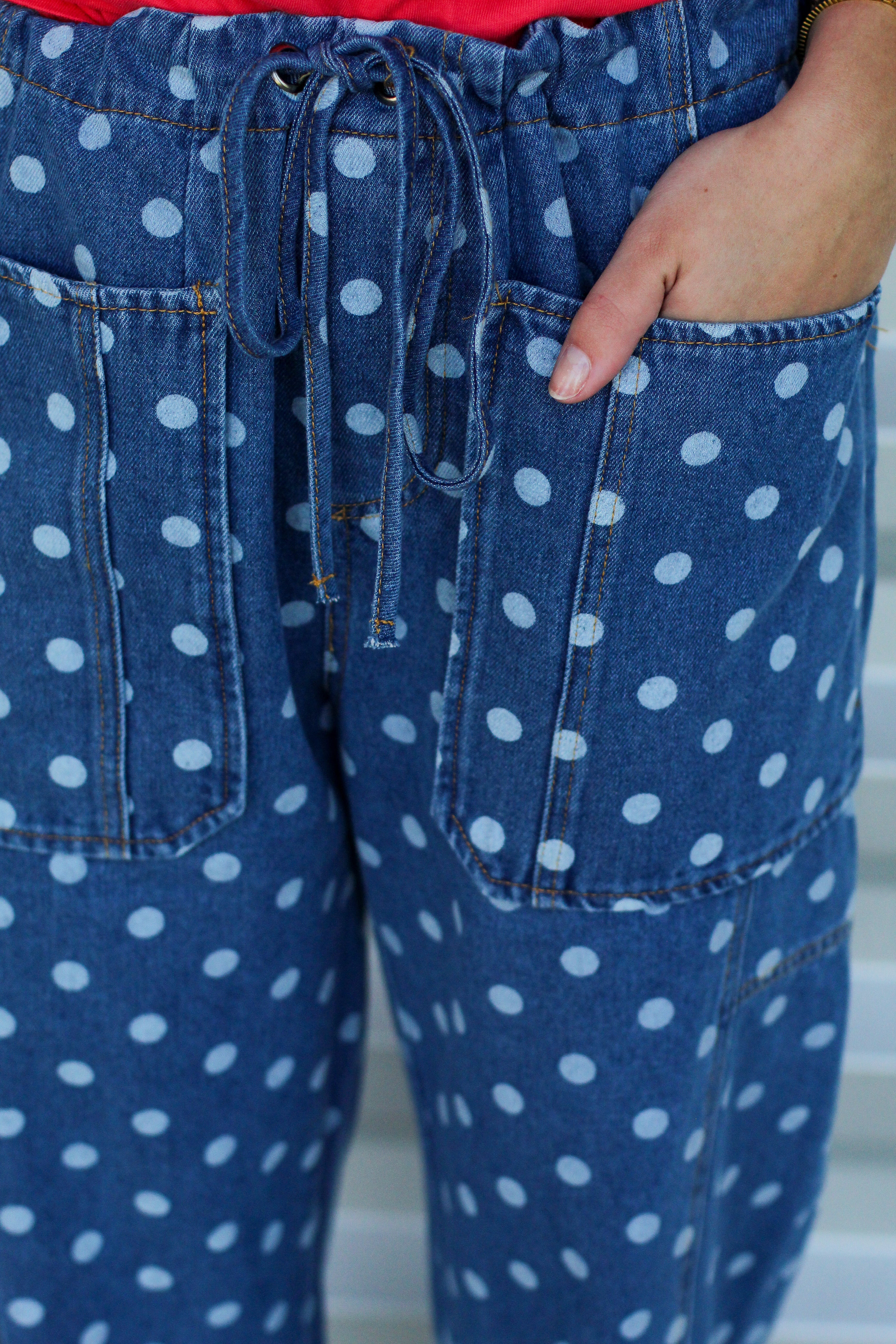 Monochromatic Polka Dot Drawstring Jeans
