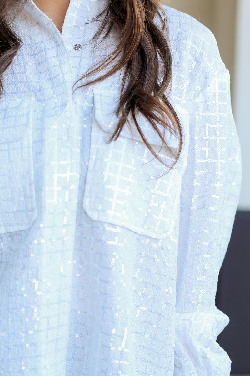 Sequin Sparkle Button Down Top-Ivory