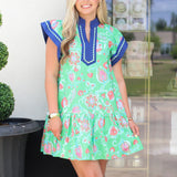 Intricate Floral Color Block Trim Dress