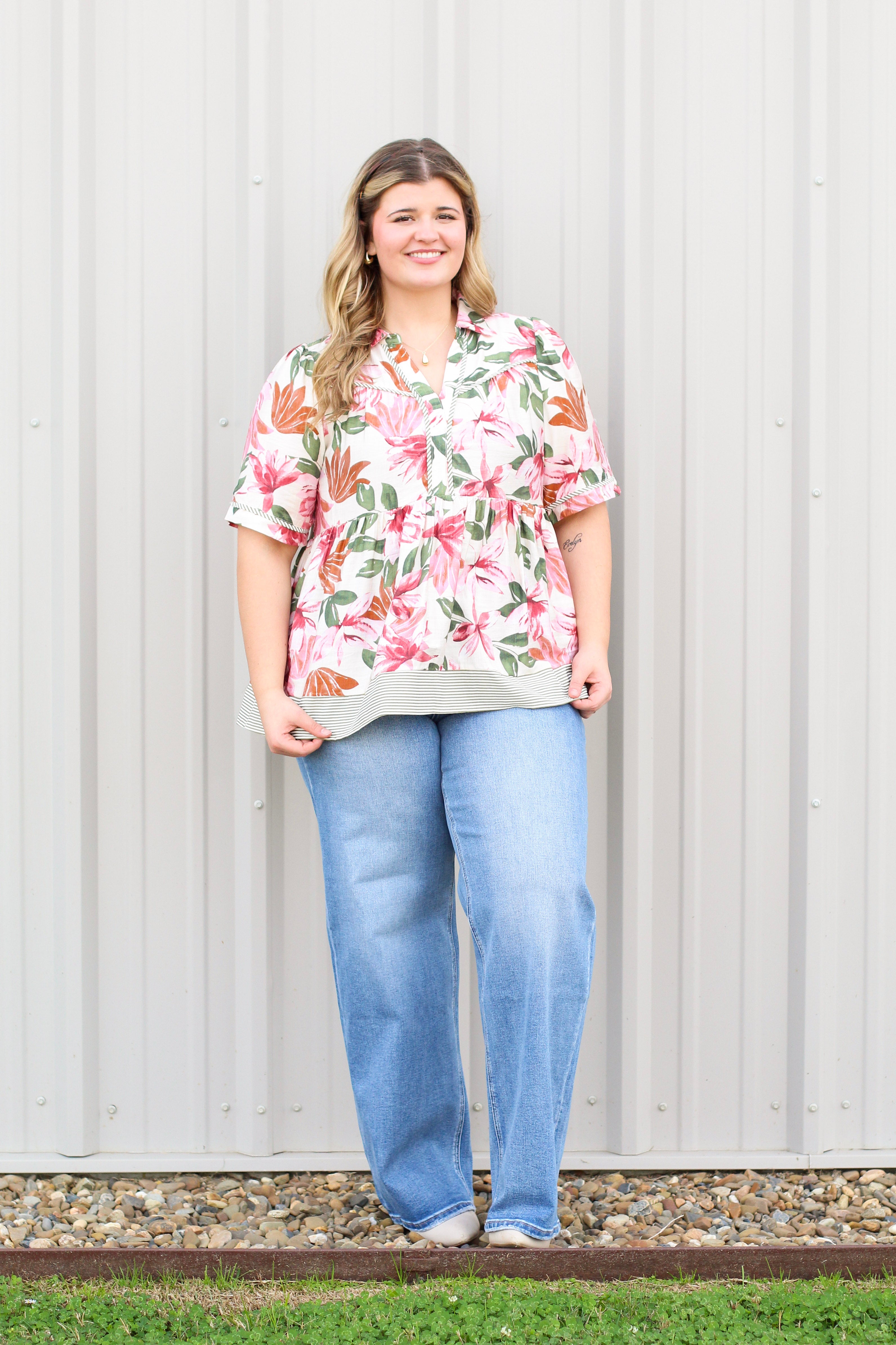 Pinstripe & Florals Babydoll Top