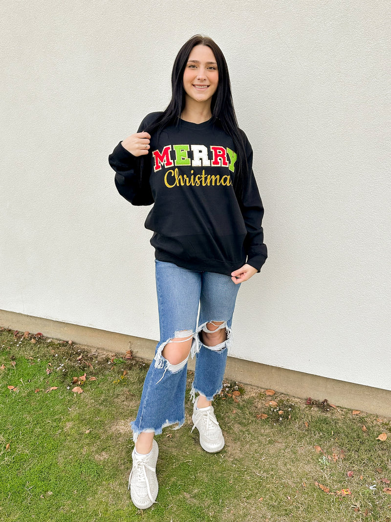 Merry Glitter Patch Sweatshirt-Black