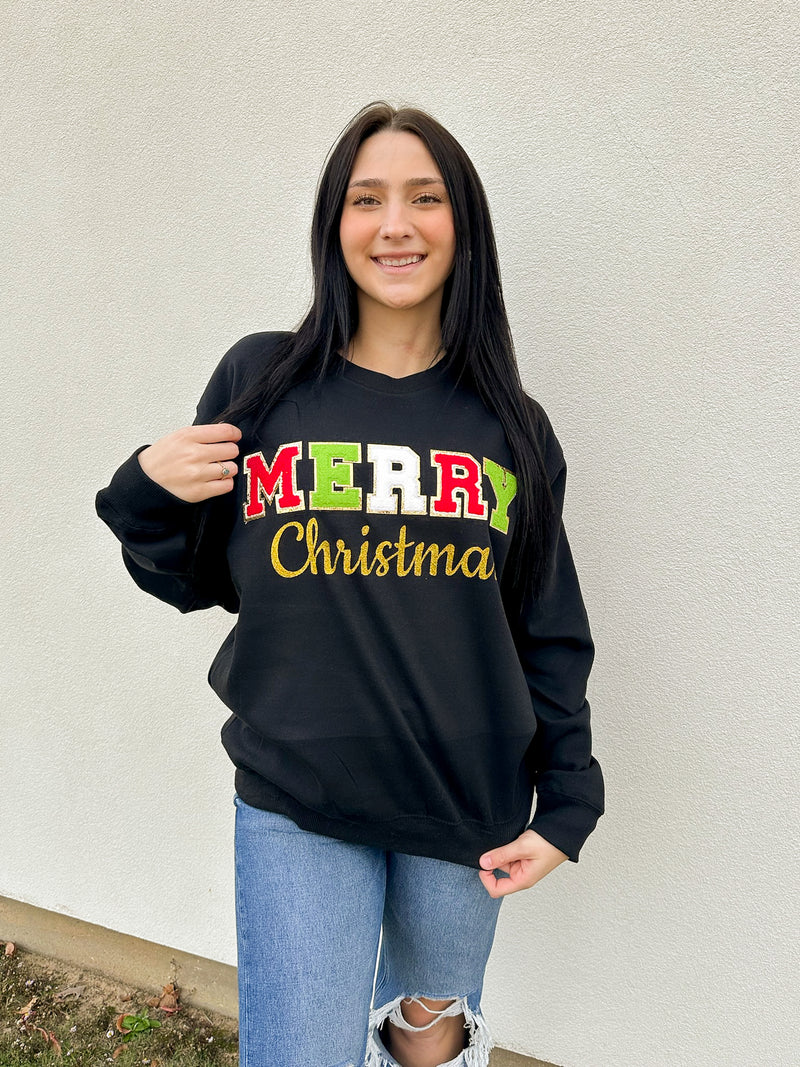 Merry Glitter Patch Sweatshirt-Black