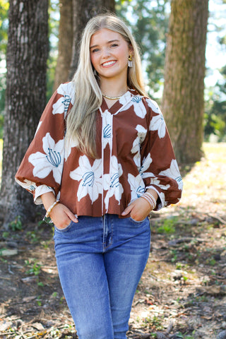 brown floral blouse