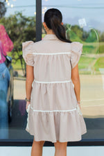 Fancy Trim Babydoll Dress-Tan