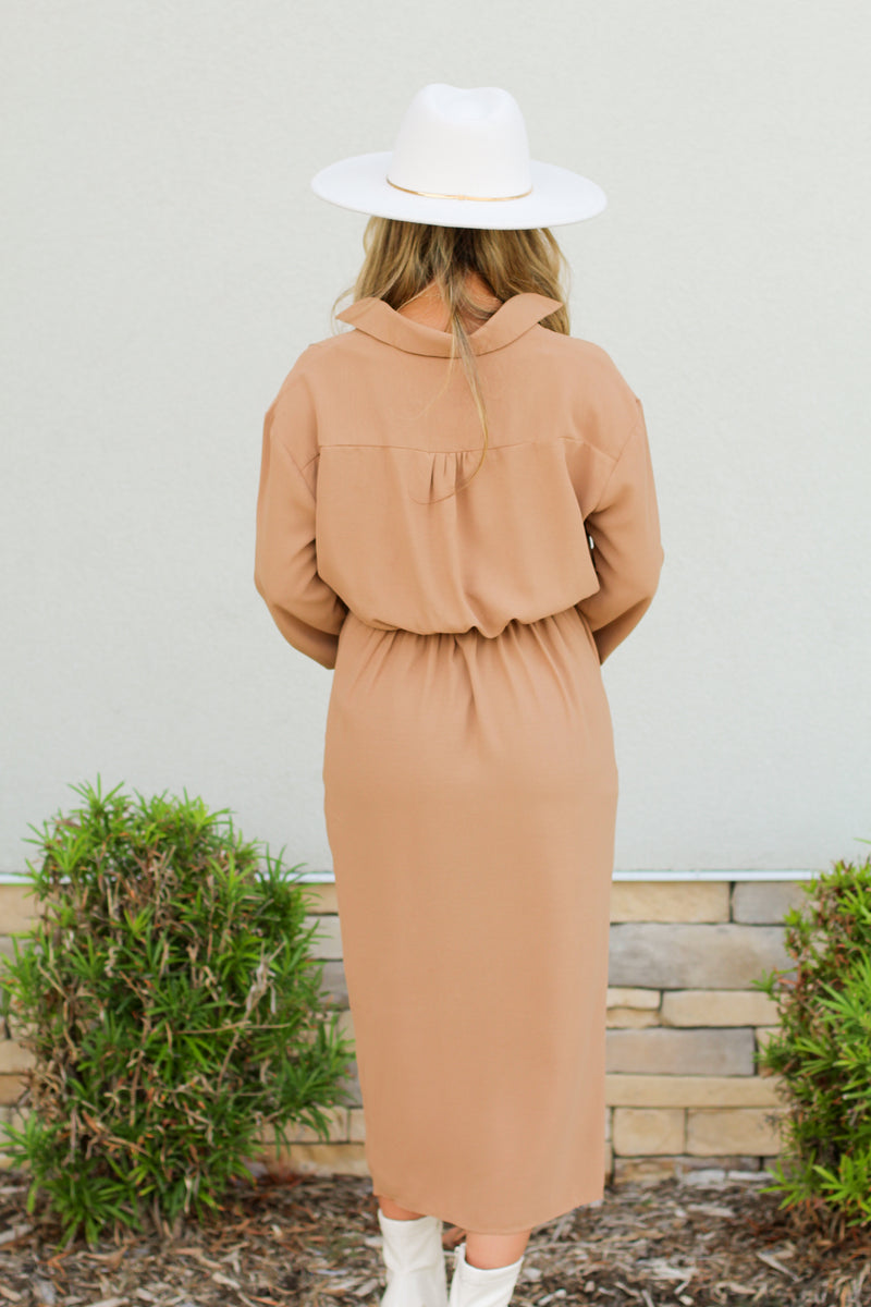 Wrapped in Happiness Dress-Camel