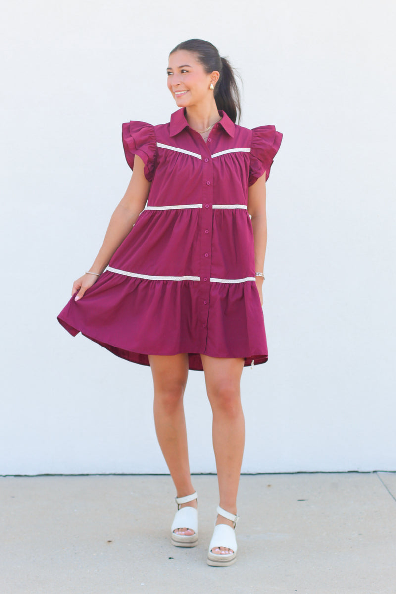 Fancy Trim Babydoll Dress-Maroon