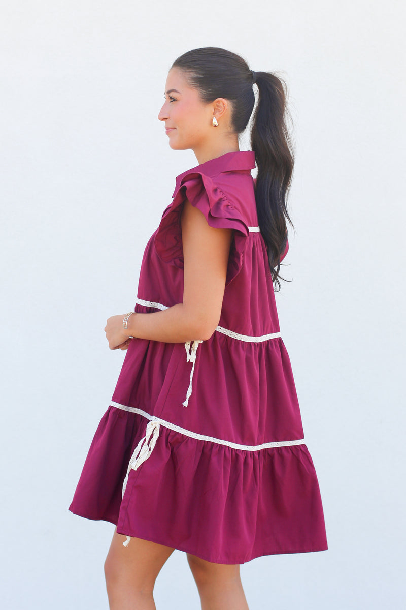 Fancy Trim Babydoll Dress-Maroon