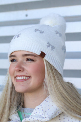 C.C Rhinestone Bow Lined Pom Beanie