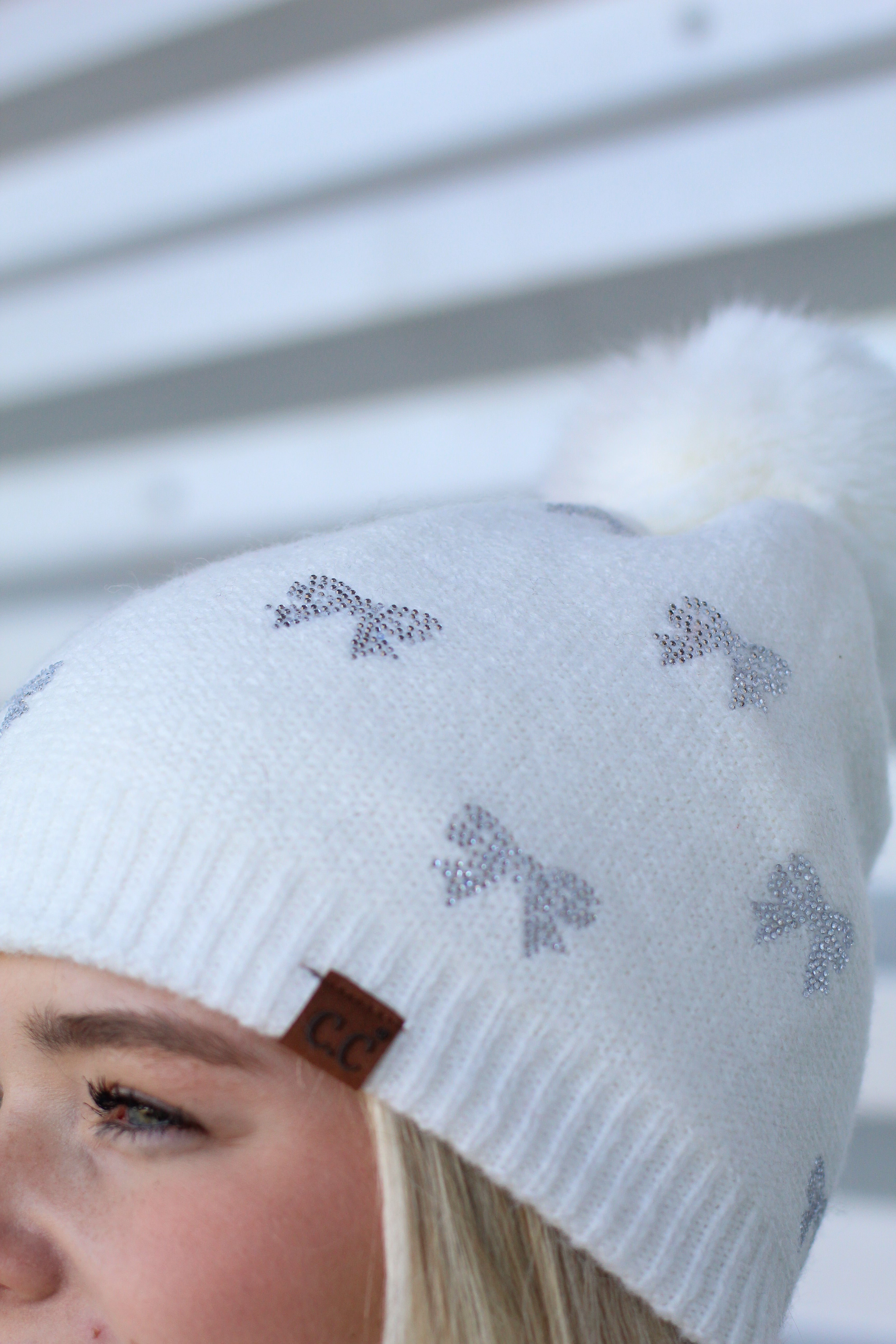 C.C Rhinestone Bow Lined Pom Beanie