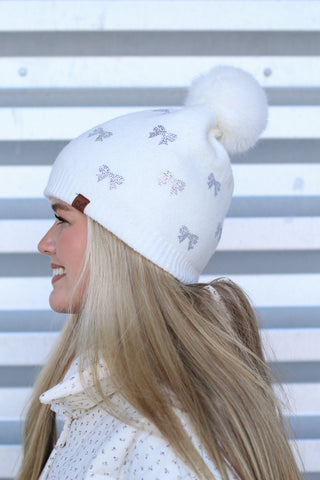 C.C Rhinestone Bow Lined Pom Beanie