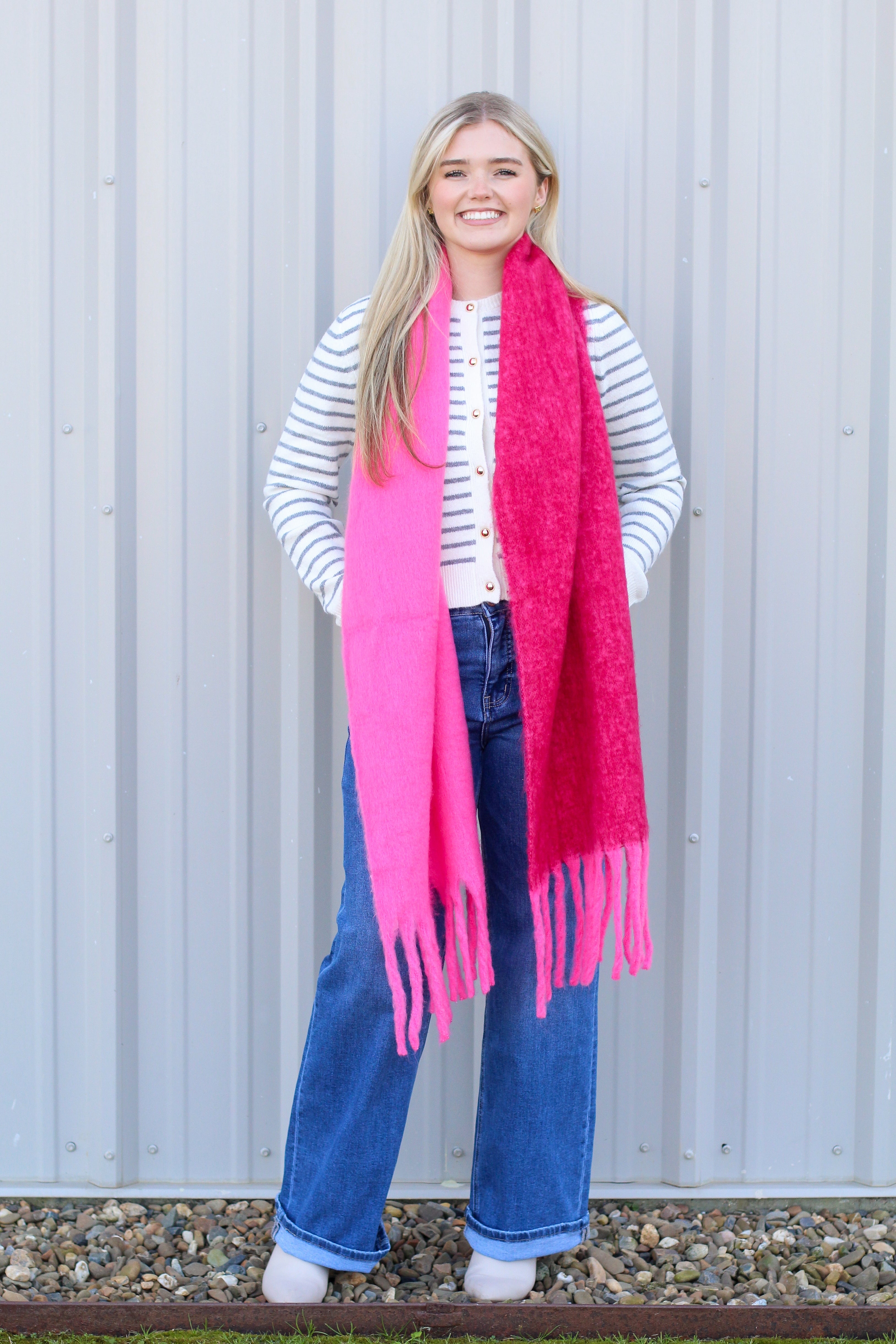 Large Warm Color Block Fringe Scarf