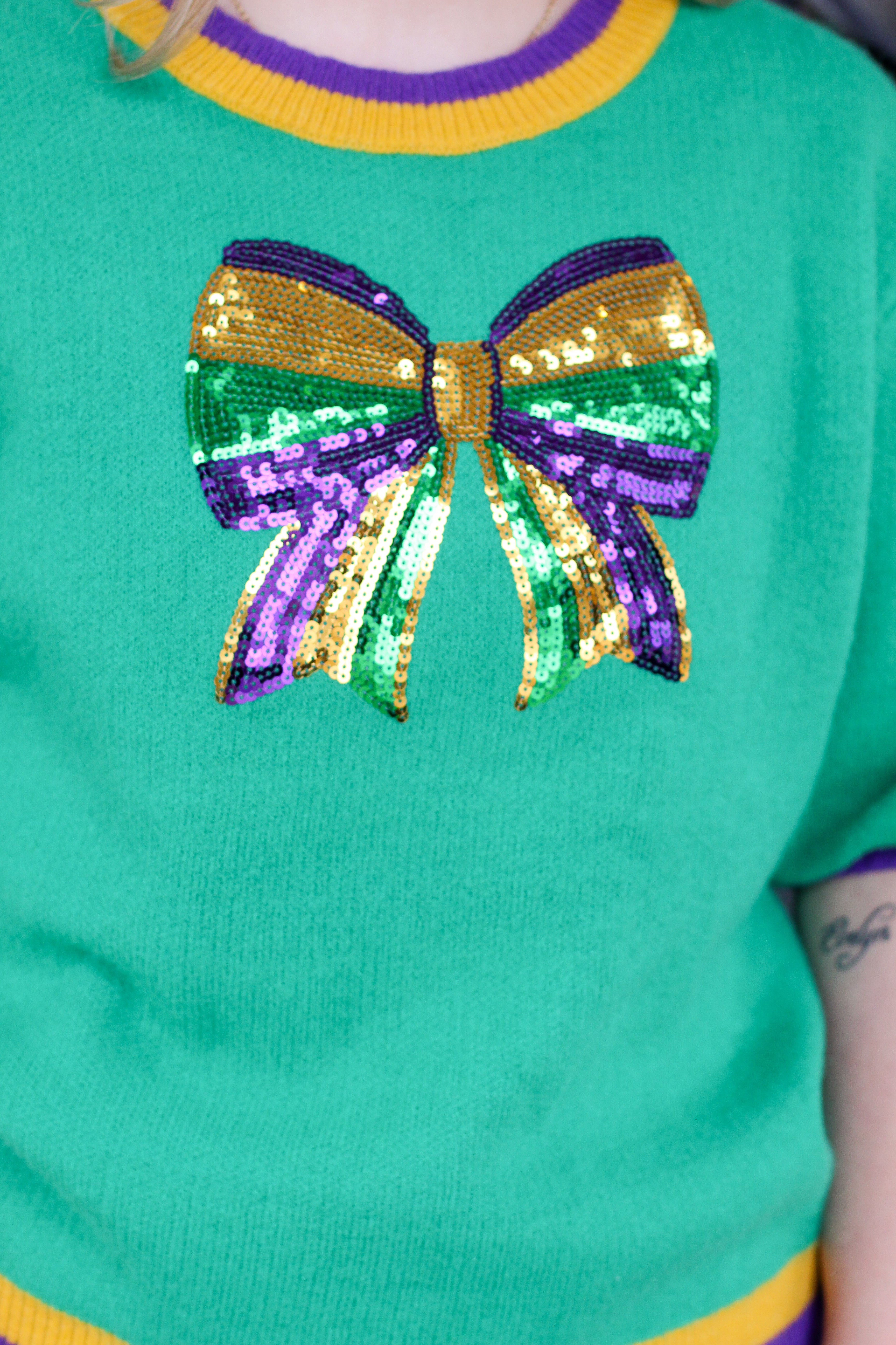 Mardi Gras Sequin Bow Sweater