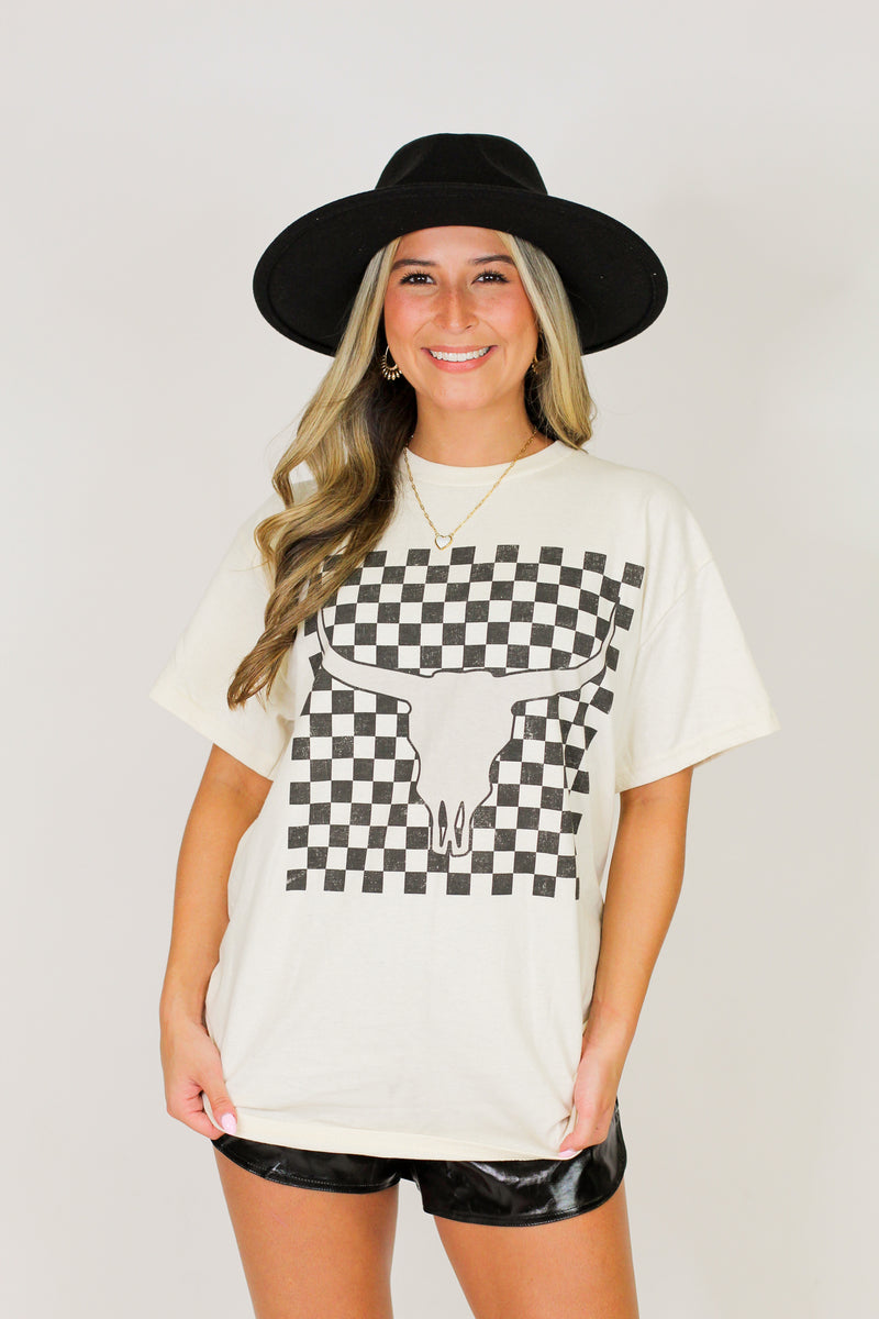 Checkered Bull Oversized Tee-Cream