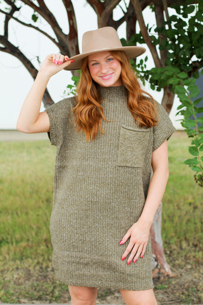 Pocket Sweater Dress-Olive