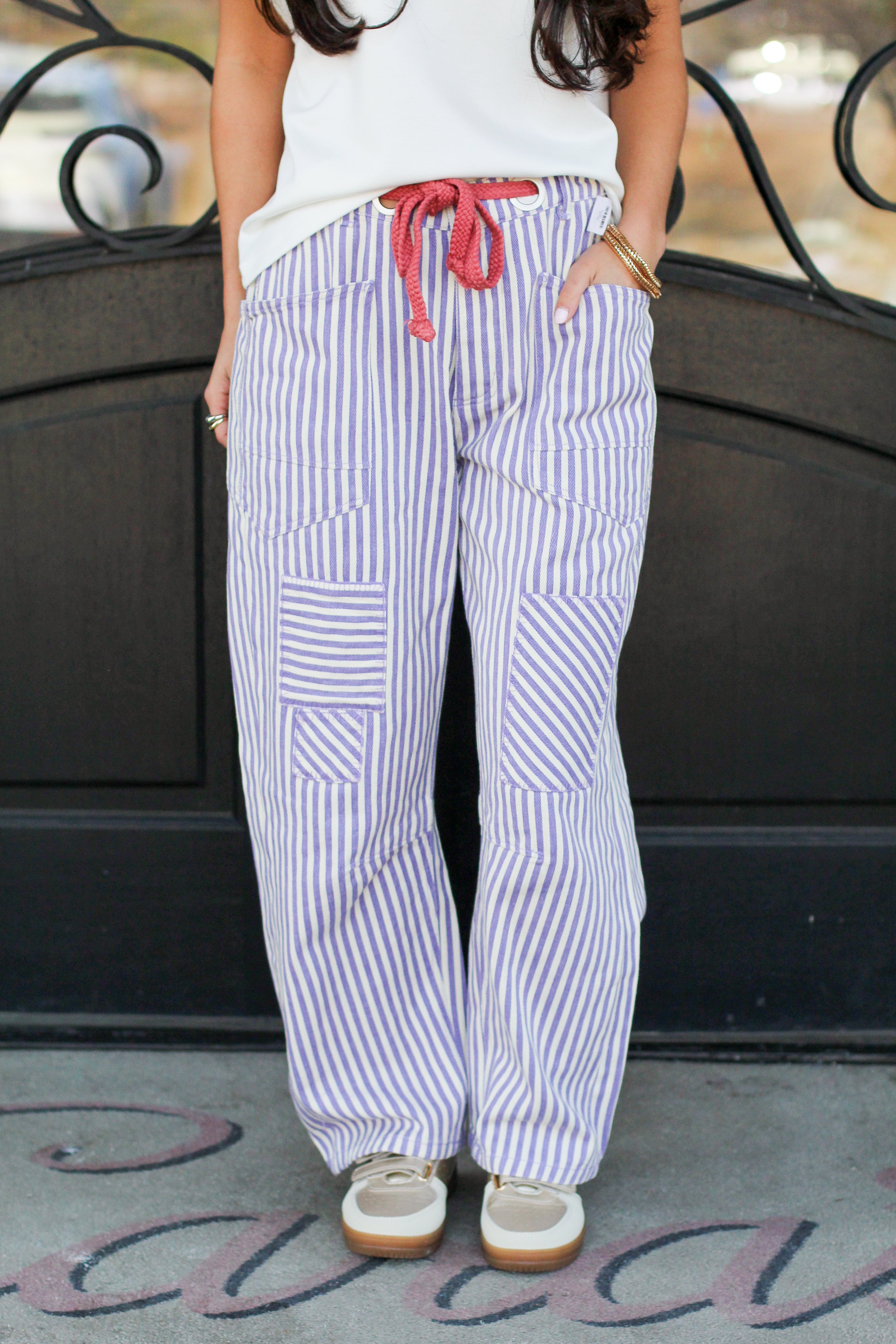 Stripe Drawstring Barrel Jeans