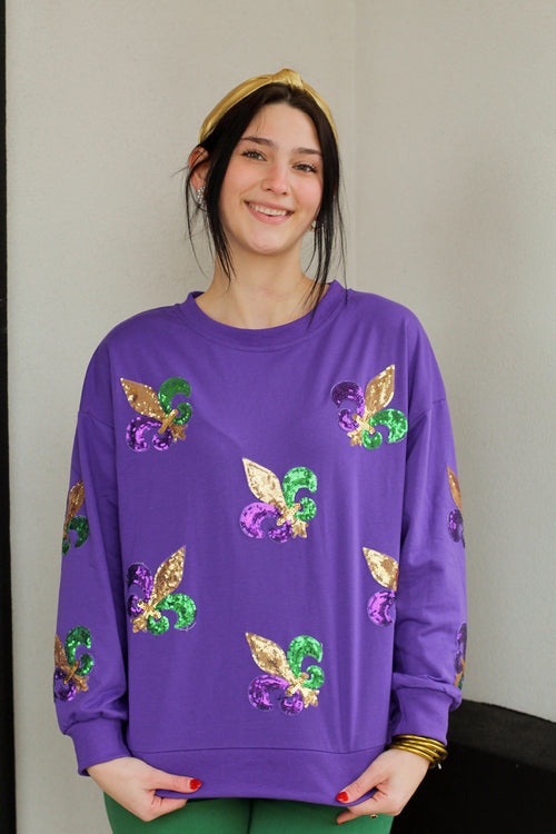 Sequin Fleur de Lis Sweatshirt-Purple
