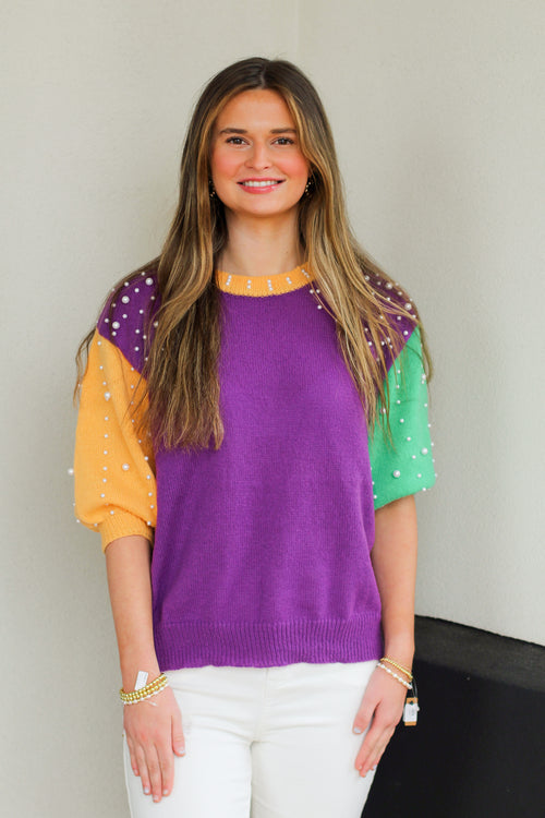 Throw Me Some Pearls Top-Purple/Green