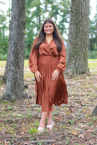 pleated satin midi dress