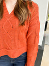 Cable Knit V-Neck Sweater-Burnt Orange