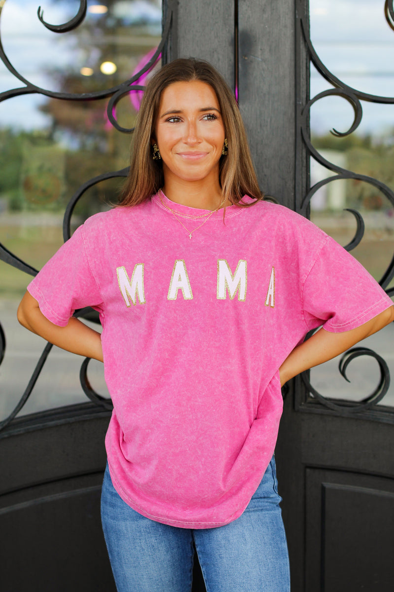 Acid Wash Mama Tee-Hot Pink