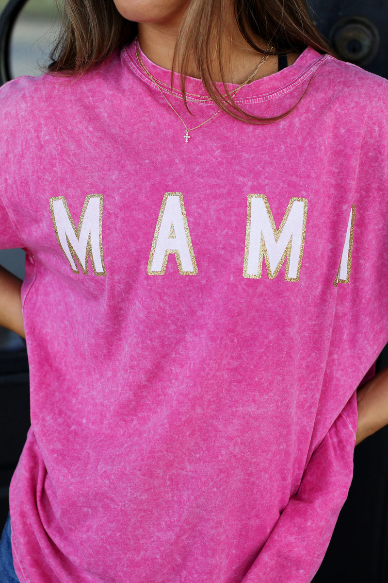 Acid Wash Mama Tee-Hot Pink