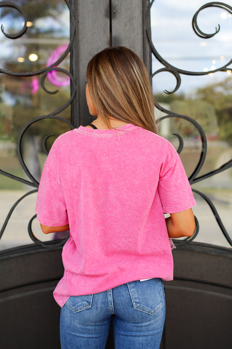 Acid Wash Mama Tee-Hot Pink