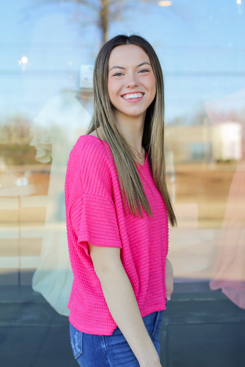 We Love Waffle Knit Top-Hot Pink